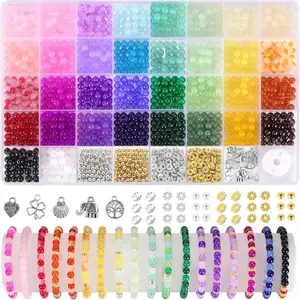 6mm Glass Bead Craft Kit, 34 Colors Mini Round Crystal Beads Organizer, Girl DIY Bracelet Necklace Materials, 40 Compartments, Kids Craft Gift