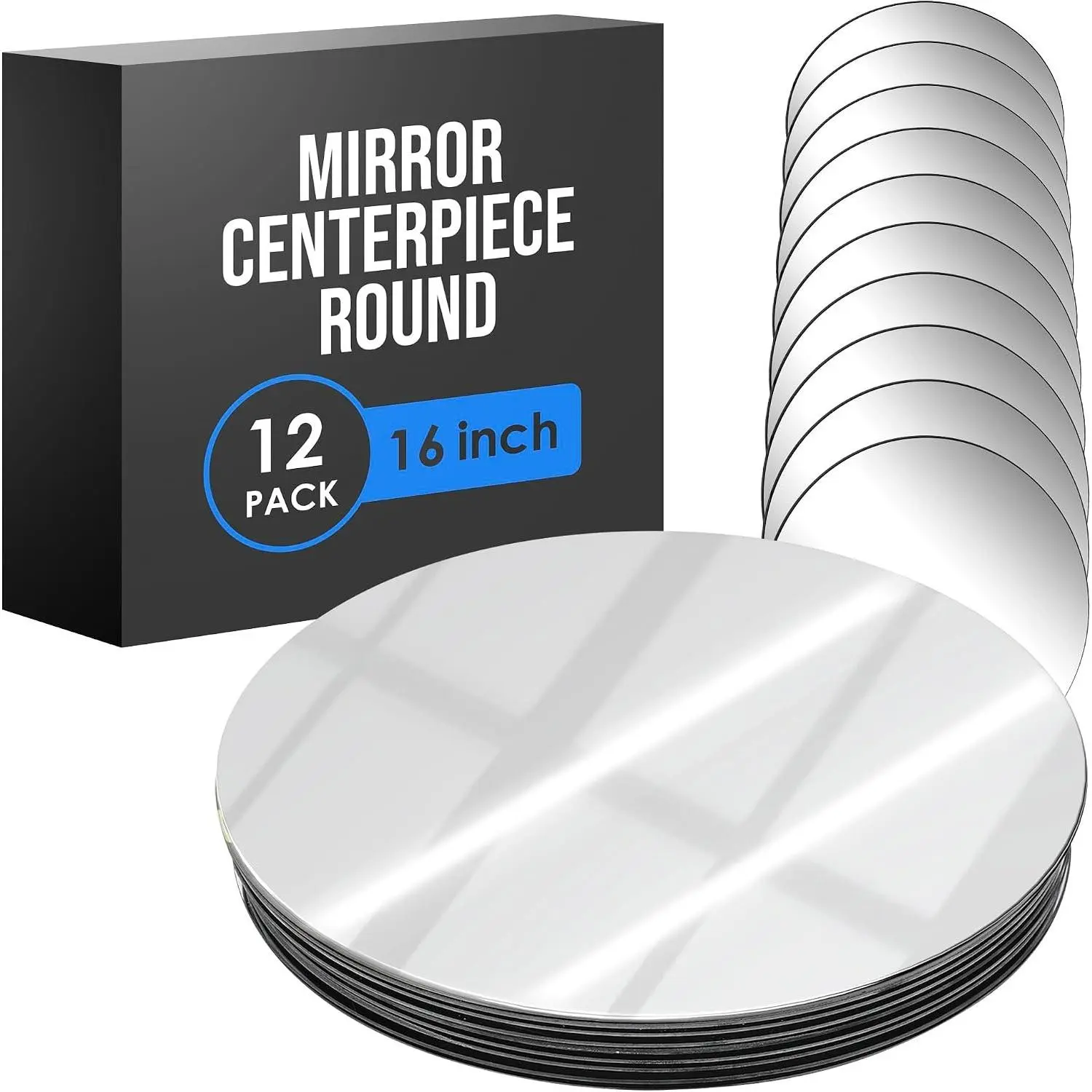 Mirror Centerpieces for Tables, Round Mirrors for Centerpieces, Mirrored Trays, Round Table Plate Tray, Circle, Glass Charger, Wedding, Center Piece, Base, Candle, Decor, 16 Inch, 12 Pack