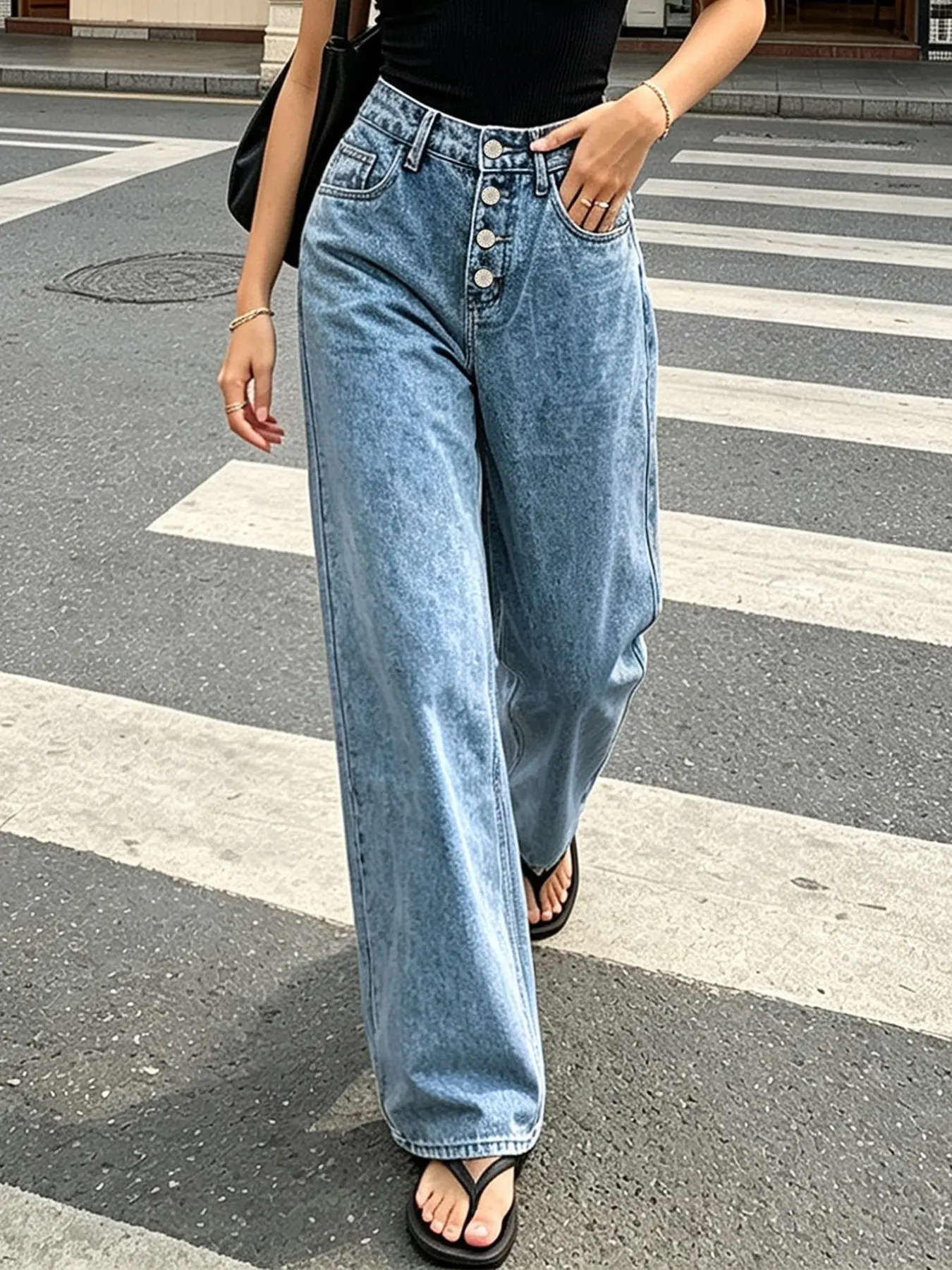 Women's Blue Jeans, Button Fly High Waist Straight Leg Pants, Casual Street Fashion, Loose Fit, All Seasons, Daily Wear, Travel