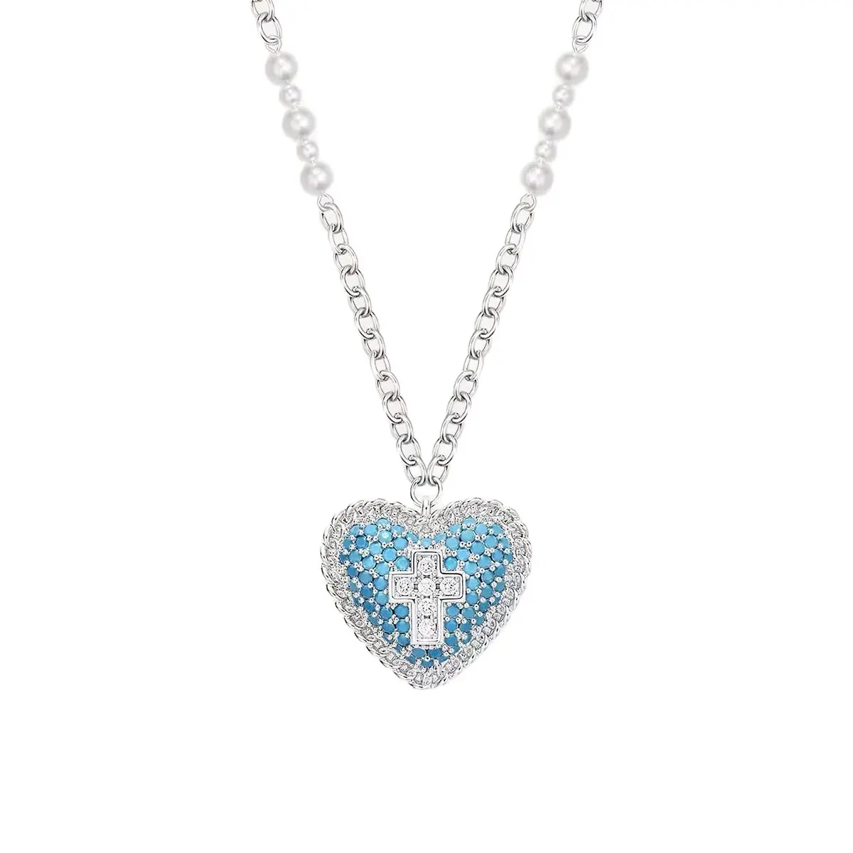 Niche design cross pendant with blue pine-colored stone, light luxury vintage pearl long necklace, sweater chain, sweet heart necklace