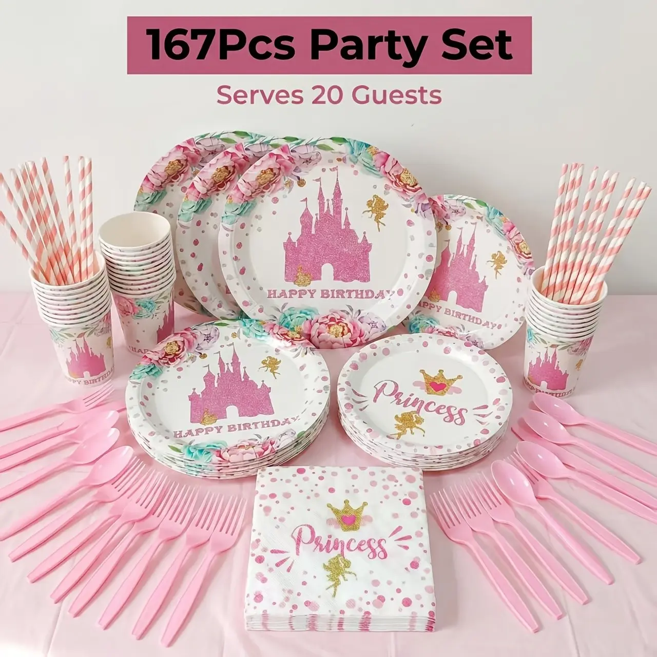167pcs Set Suitable for 20 People, Pink Princess Castle Birthday Party Supplies, Floral Design Disposable Paper Plates, Paper Cups, Napkins, Straws, Pink Plastic Knives, Forks, And Spoons, Princess-Themed Birthday Tableware Decor Kit, For School
