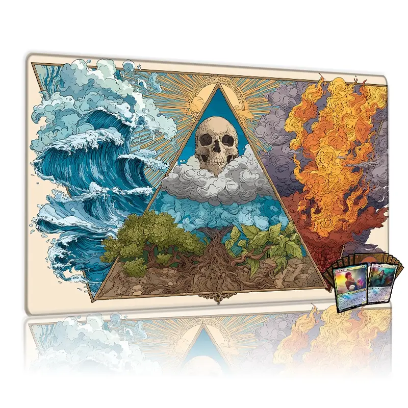 4 Elements Sun Cloud Skull TCG MTG Playmat 12x24inch Non-Slip Gaming Mat for TCG MTG Board Games, Party Family Gathering Gift, Suitable for Card Game Enthusiasts