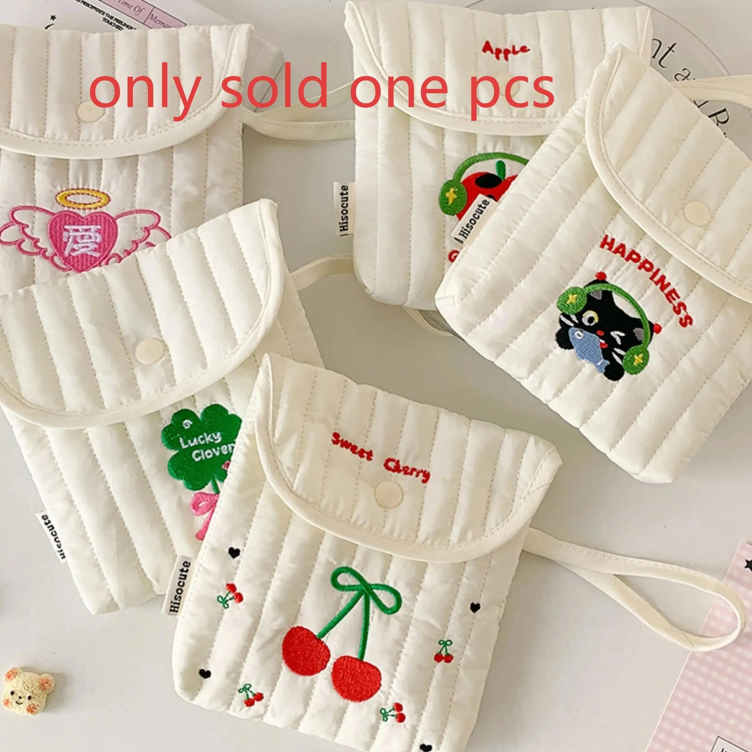 1pcs Japanese Style Embroidered Sanitary Pad Pouch, Cute Cherry Cat Patterns, Snap Closure, Handle Design, Soft Fabric, Portable Organizer Bag