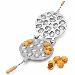 16-Cavity Walnut Cookie Mold Pan, Aluminum Cookie Shell Maker with Wooden Handles, Stovetop Baking Mold for Filled Nut Cookies, DIY Pastry & Dessert Baking Tool