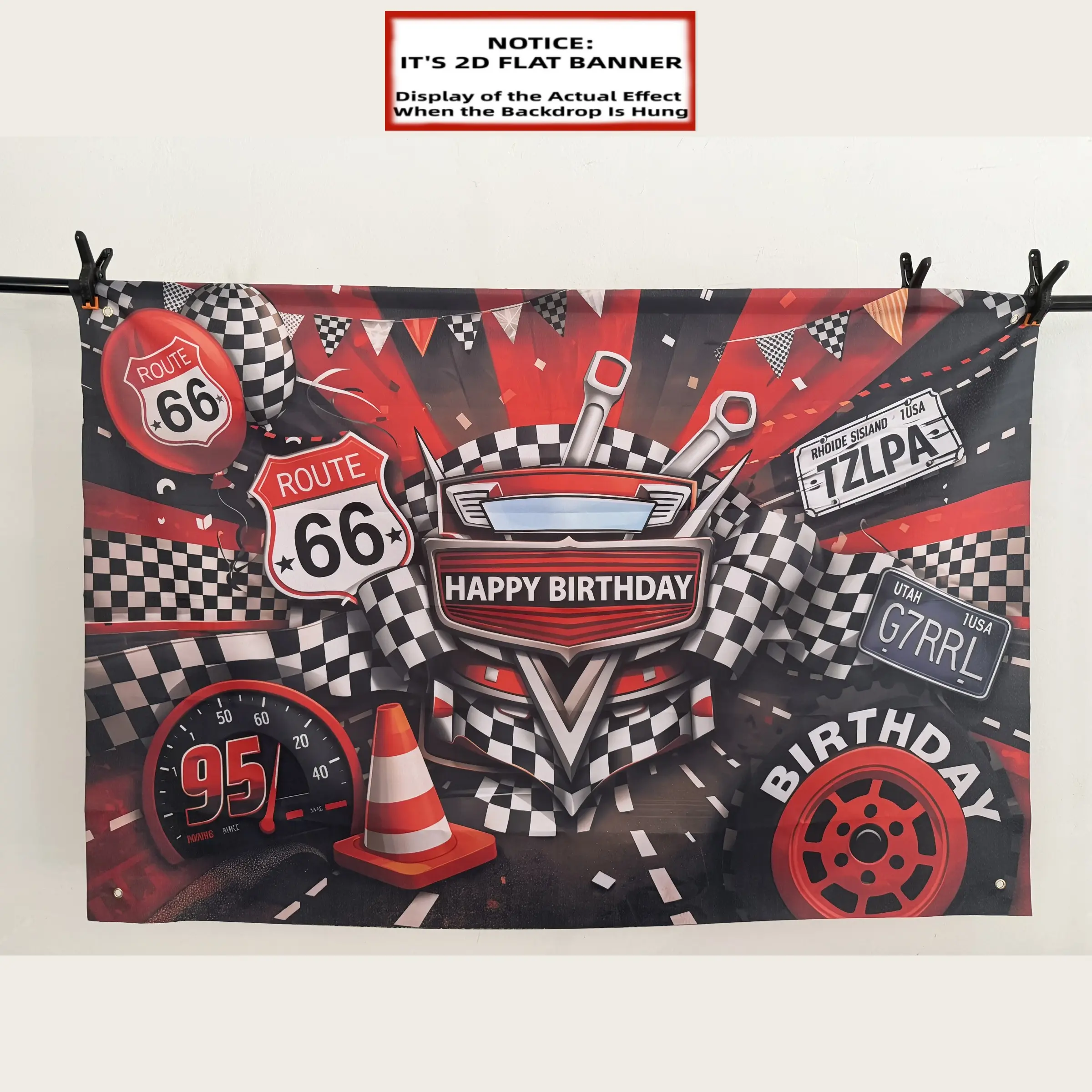 2D Flat Banner 1pc, A 2D Plane Birthday-Themed Racing Birthday Party Decorations Backdrop Featuring a Central Red "Happy Birthday" Text Accompanied by a Route 66 Sign Red Yellow And Green Traffic Lights a Black And White Checkered Flag Lice