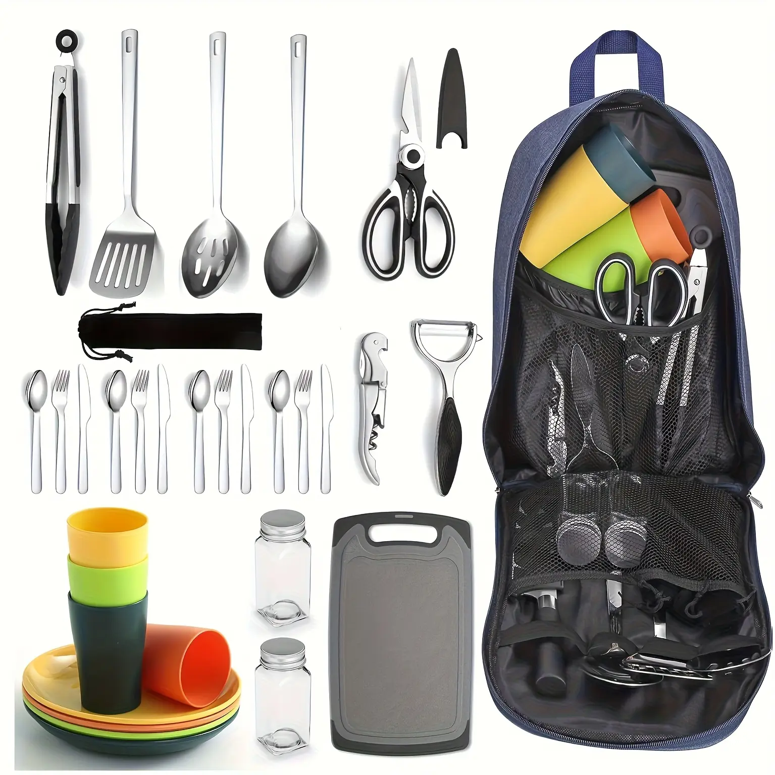 31pcs camping cooking set, essential items for camping cooking, including kitchen tools, tableware, cups and mugs, suitable for outdoor activities such as RV camping, picnics and barbecues.