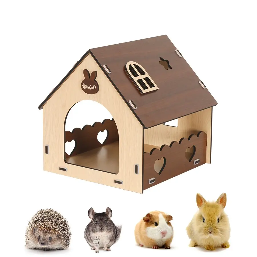 Itandme Wooden Small Pet House for Rabbits, Guinea Pigs, Chinchillas, Hedgehogs, Heart-Shaped Design, Comfortable Indoor Cage Accessory, Guinea Pig Hideout, Wooden Bunny House