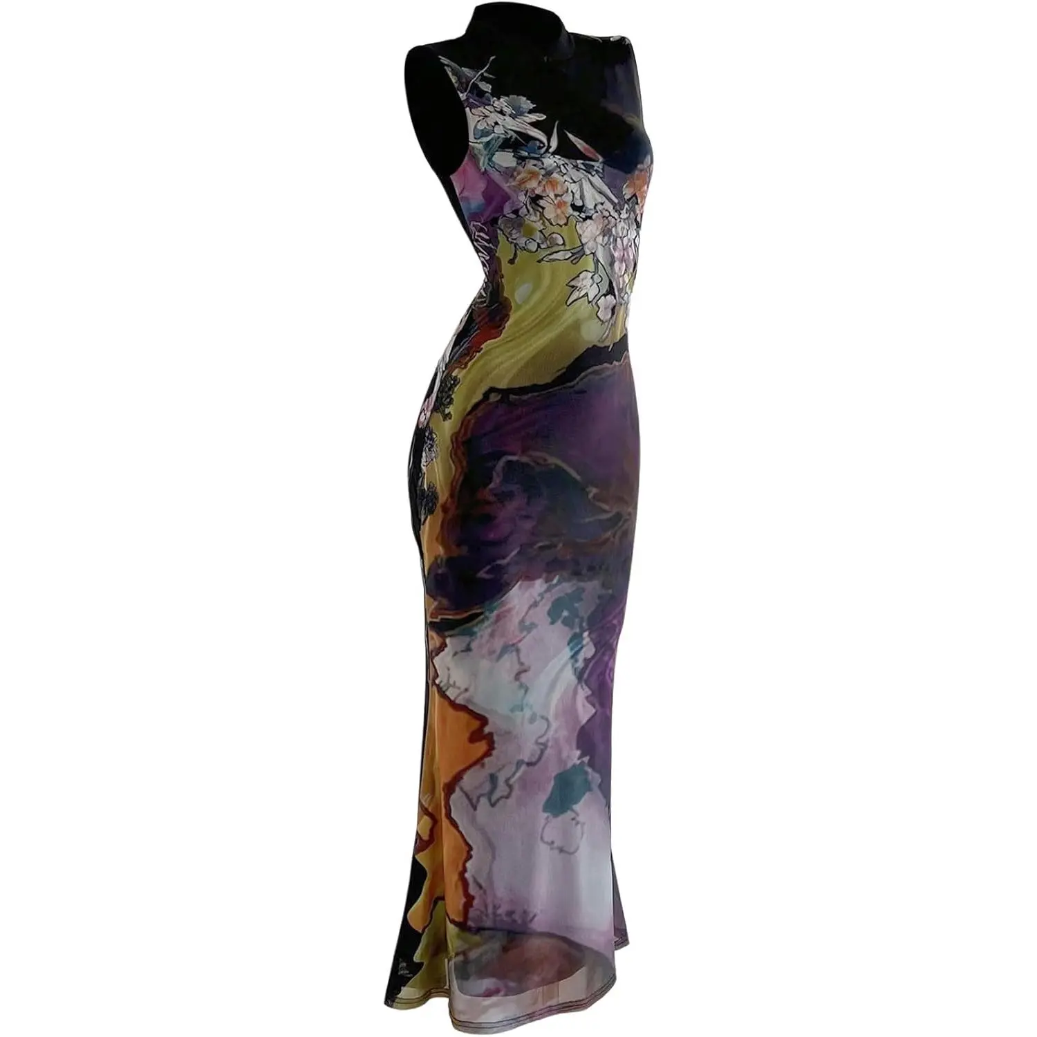 GORGLITTER Women's Cheongsam Dress Mesh Floral Dresses Mandarin Collared Qipao Sleeveless Prom Party Wedding Guest Dresses