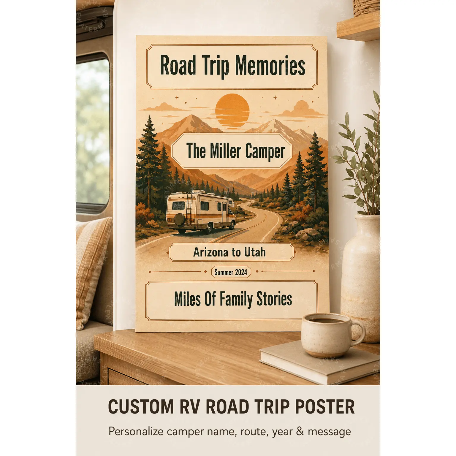 Custom RV Road Trip Poster, Personalized Camper Travel Wall Art, Mountain Sunset Family Memories Decor, Vintage Adventure Aesthetic Poster, Bedroom Living Room Office Wall Art, Camper Gift