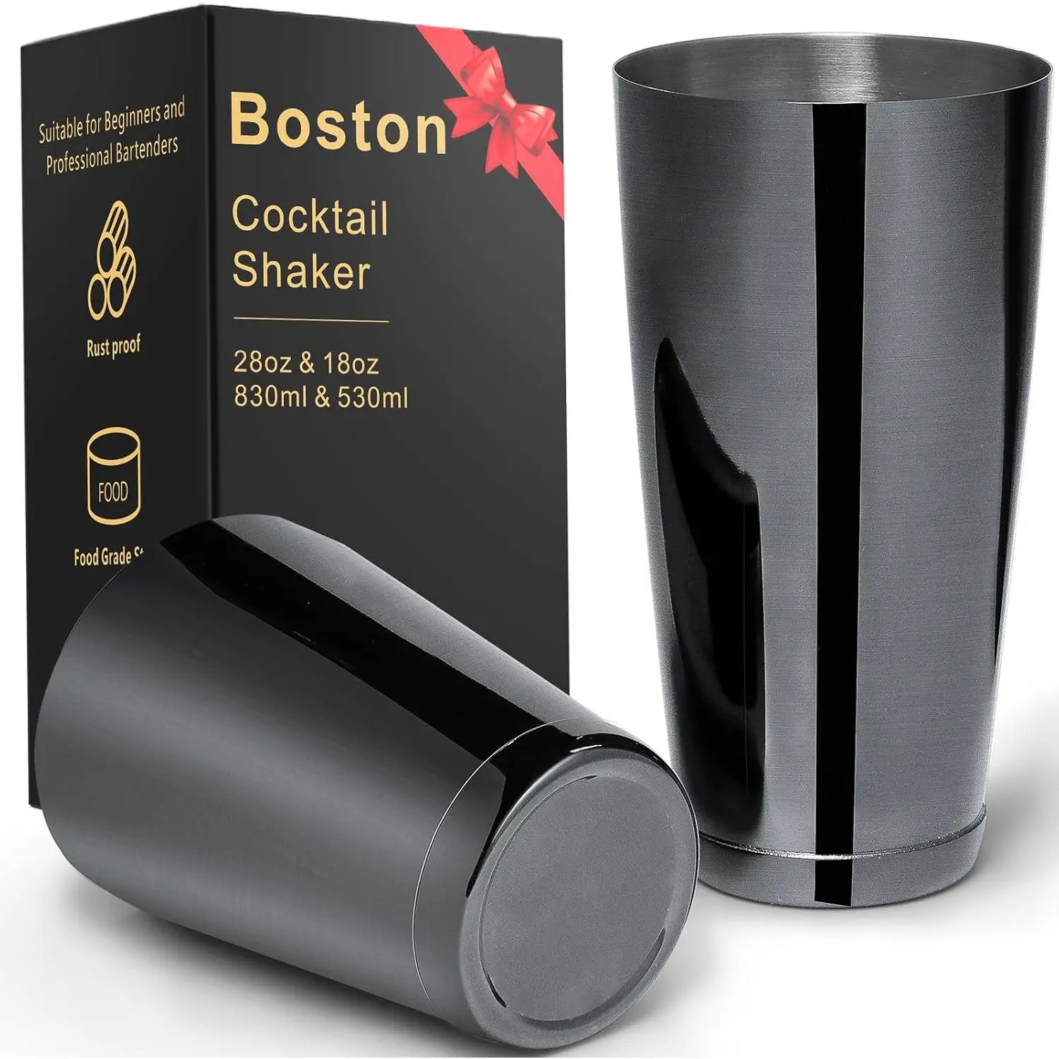Stainless Steel  Shaker 2 count 18oz Unweighted & 28oz Weighted Professional Bartender  Shaker Drink Mixer for Bartending Essential Bar Tools - BLACK