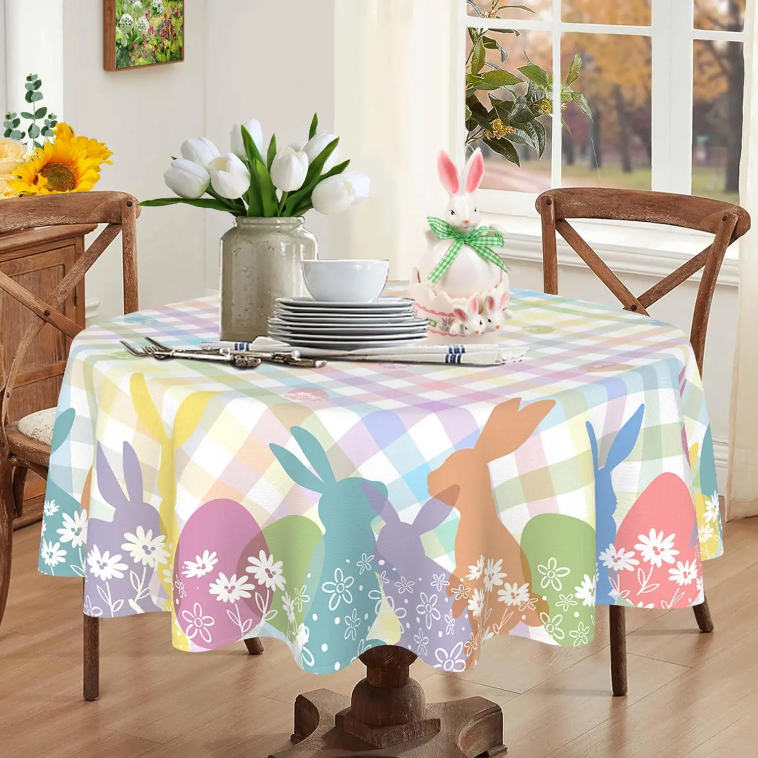 Easter Tablecloth Round 60 Inch, Colorful Buffalo Check Plaid Bunny Egg Easter Round Table Cloth Cover for Party Kitchen Dinner Decorations