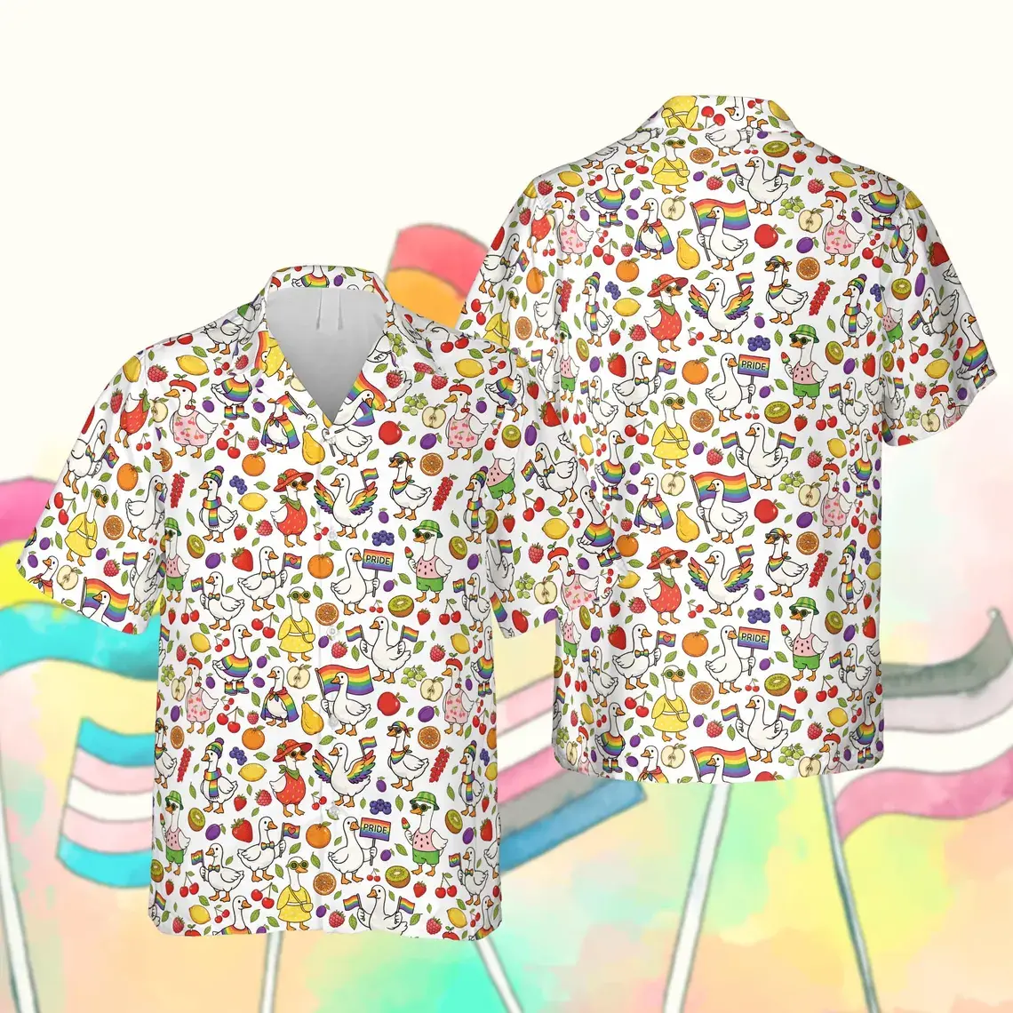 Pride Rainbow Goose Hawaiian Shirt, Funny Goose Button Up Shirt, LGBTQ Pride Shirt, Gay Pride Summer Vacation Shirt, Pride Month Outfit