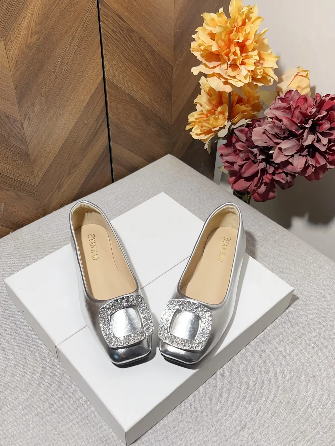 Women's Silver Color Flat Shoes, Rhinestone Embellished Square Toe, Comfortable Soft Sole, Casual All-Season Footwear, Multiple Colors Available