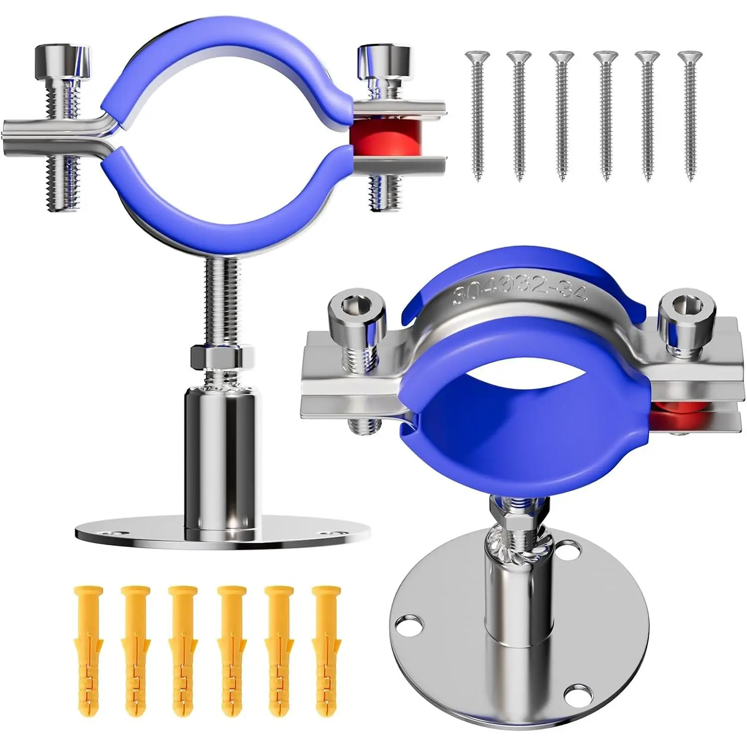 2 Pack Wall Mount Ceiling Mount Pipe Supports Suitable for OD Pipe 32-34mm Adjustable Height 30-50mm Adjustable Pipe Strap Clamp with Screws Stainless Steel