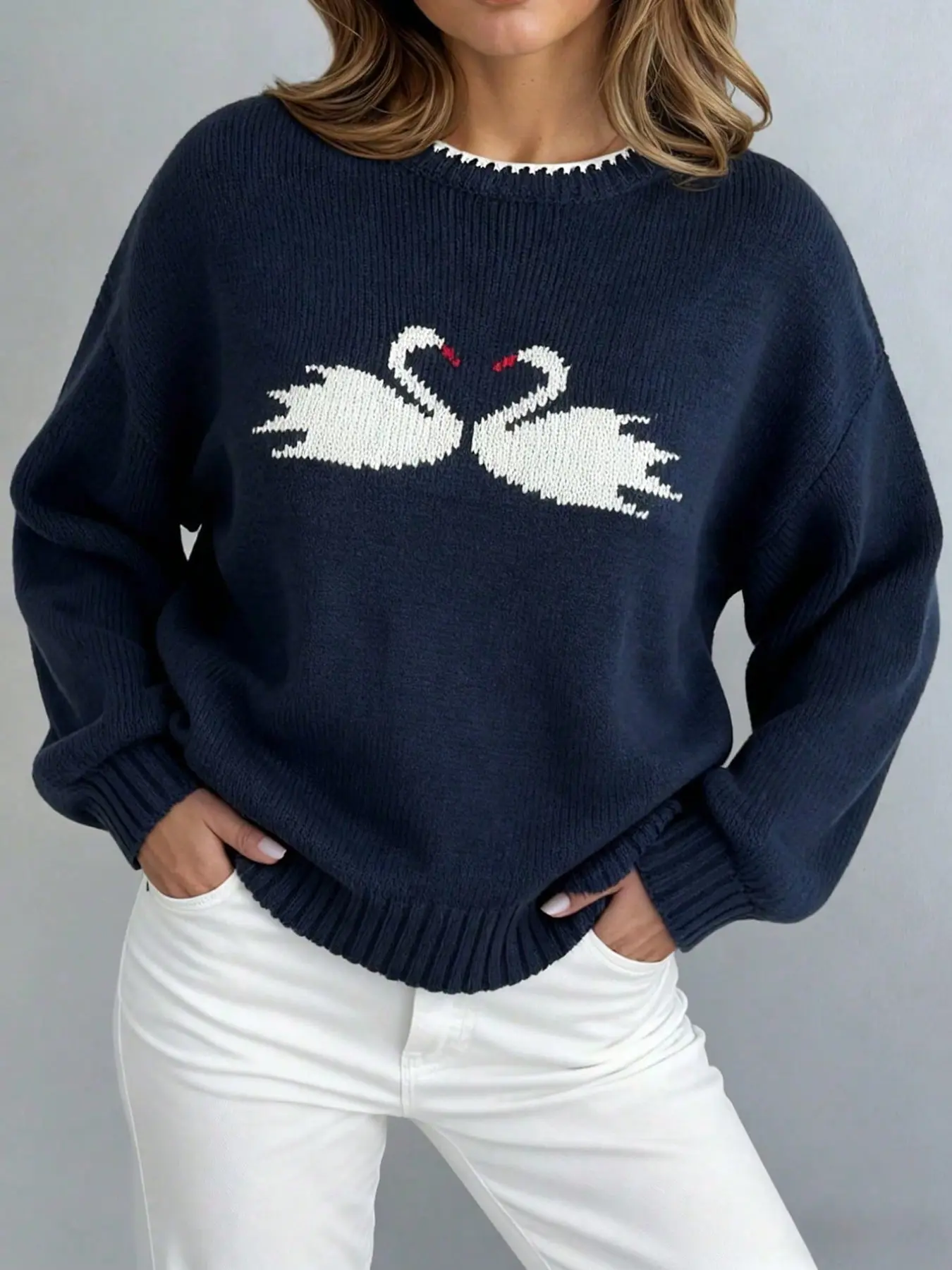 Navy Blue Swan Graphic Knit Sweater Women Crew Neck Long Sleeve Loose Fit Pullover Cozy Oversized Jumper Casual Chic Fall Winter Going Out Top Fashion