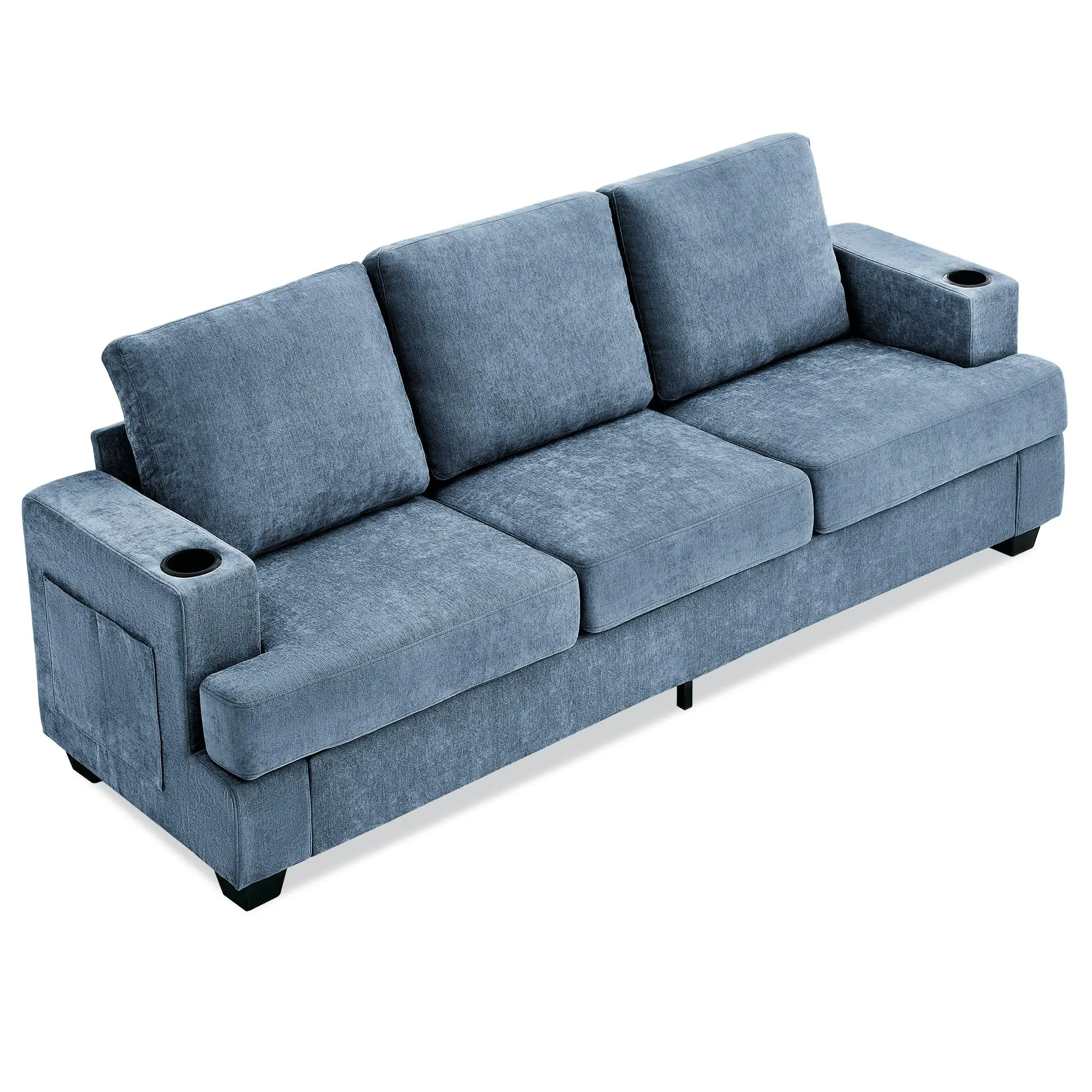 Garvee Modern 89-inch 3-Seater Sofa with Deep Seat, Chenille Upholstery, Cup Holders, and Side Storage Pockets - Comfortable Couch for Living Room or Apartment Lounge in Blue