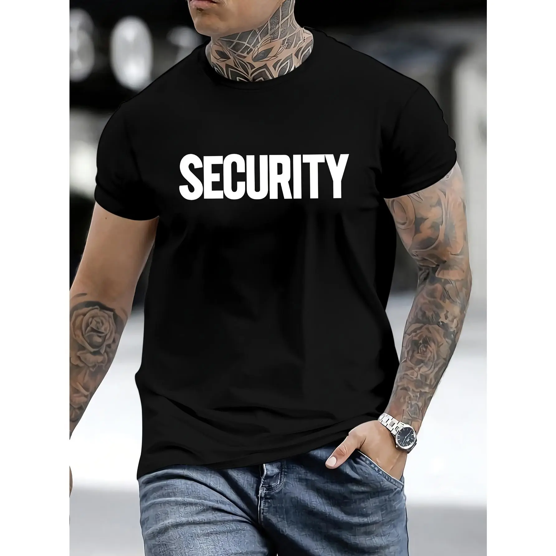 Men's Security Graphic Tee - Classic Shortsleeve Polyester Crew Neck T-Shirt for Casual Streetwear and Easy Layering, Menswear, Round Neck
