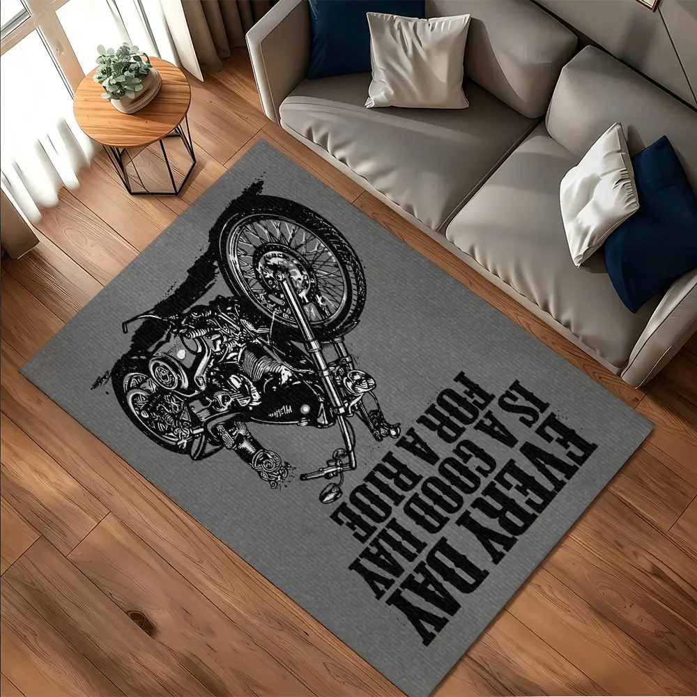 Grey Background Vintage Motorcycle Sketch Letter Print Crystal Velvet Men Style Anti Slip Living Room Garage Rug #VintageMotorcycleRug #BikerLetterPrintMat #CrystalVelvetGarageCarpet #RetroMotorbikeHomeFloorMat