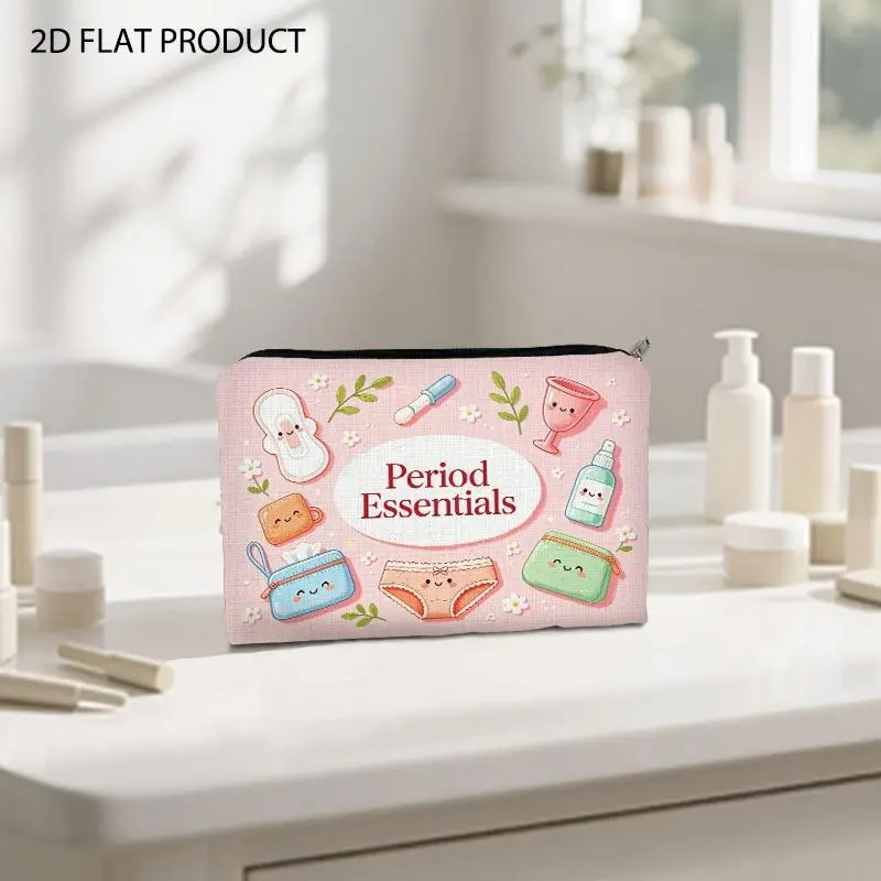 Cute Pastel "Period Essentials" Printed Makeup Bag, 5.9*8.66inch Double-Sided Pattern Storage Pouch with Cheerful Smiling Face Menstrual Item Illustrations, Portable Organizer for Storing Daily Toiletries and Small Personal Accessories