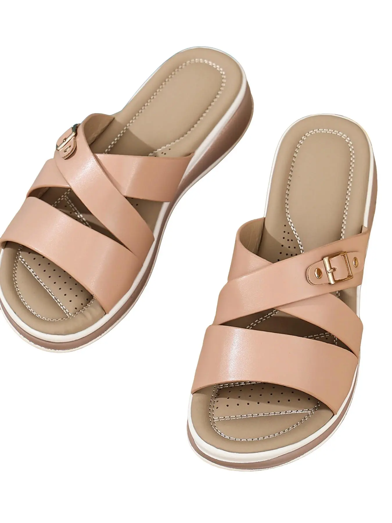 Simple Dual Strap Sandals for Women, Adjustable Metal Buckle, Lightweight Wedge Casual Shoes, Comfortable and Stylish Footwear