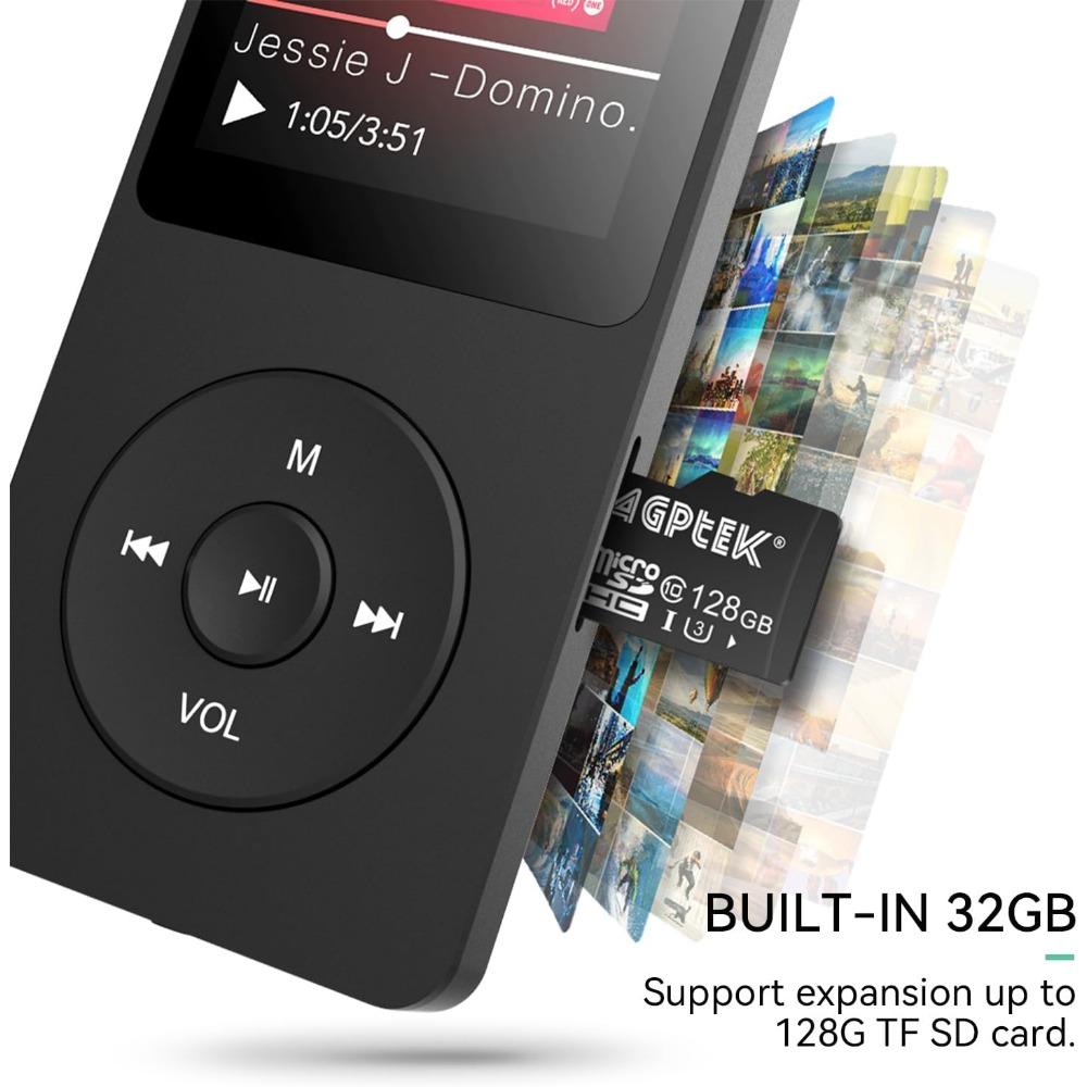 SUNDAY MIRTH MP3 Player with Bluetooth 5.3, 1.8 inch Portable Music Player with Speaker, FM Radio, Voice Recorder, Supports Expanded Up to 128GB(Black, 32GB)