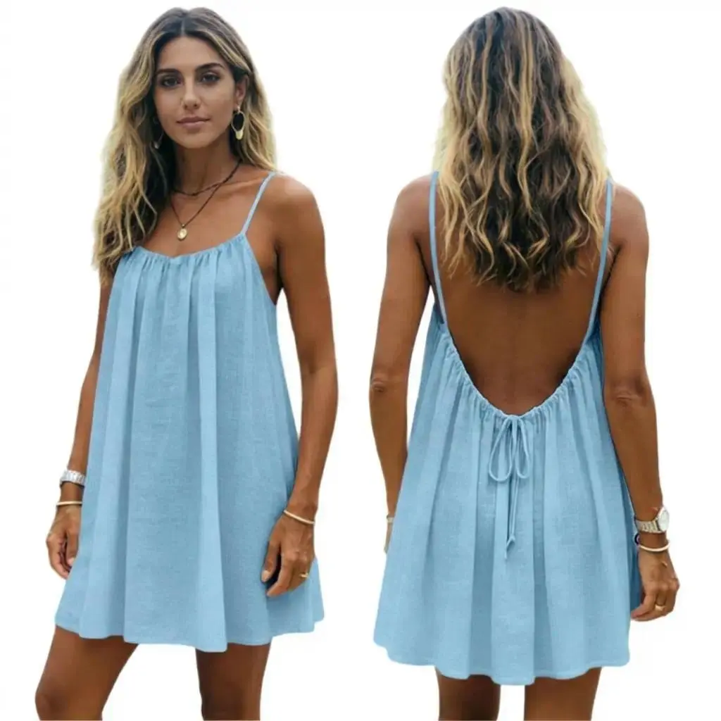 Women’s Backless Spaghetti Strap Mini Dress, Solid Color Sleeveless Cami Sundress, Casual Summer Beach Vacation Outfit Womenswear Basic
