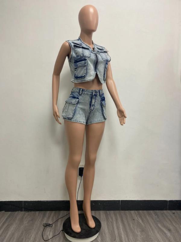 two-piece set woman Multi Pockets Denim Shorts Outfit Sexy Women Elegant Two Pieces Jeans Club Macthing Jacket+Shorts