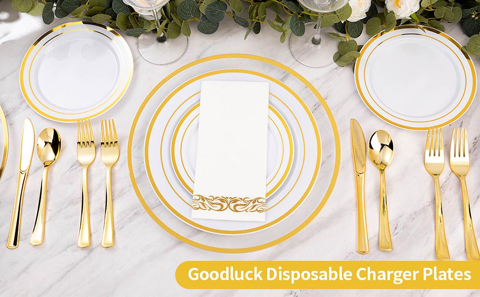Goodluck 12 Inch Gold Rim Charger Plates 50 Pack Clear Plastic Disposable Plates for Dinner Wedding Party Christmas Anniversary Birthday Eco-Friendly & Sturdy - Ceremony