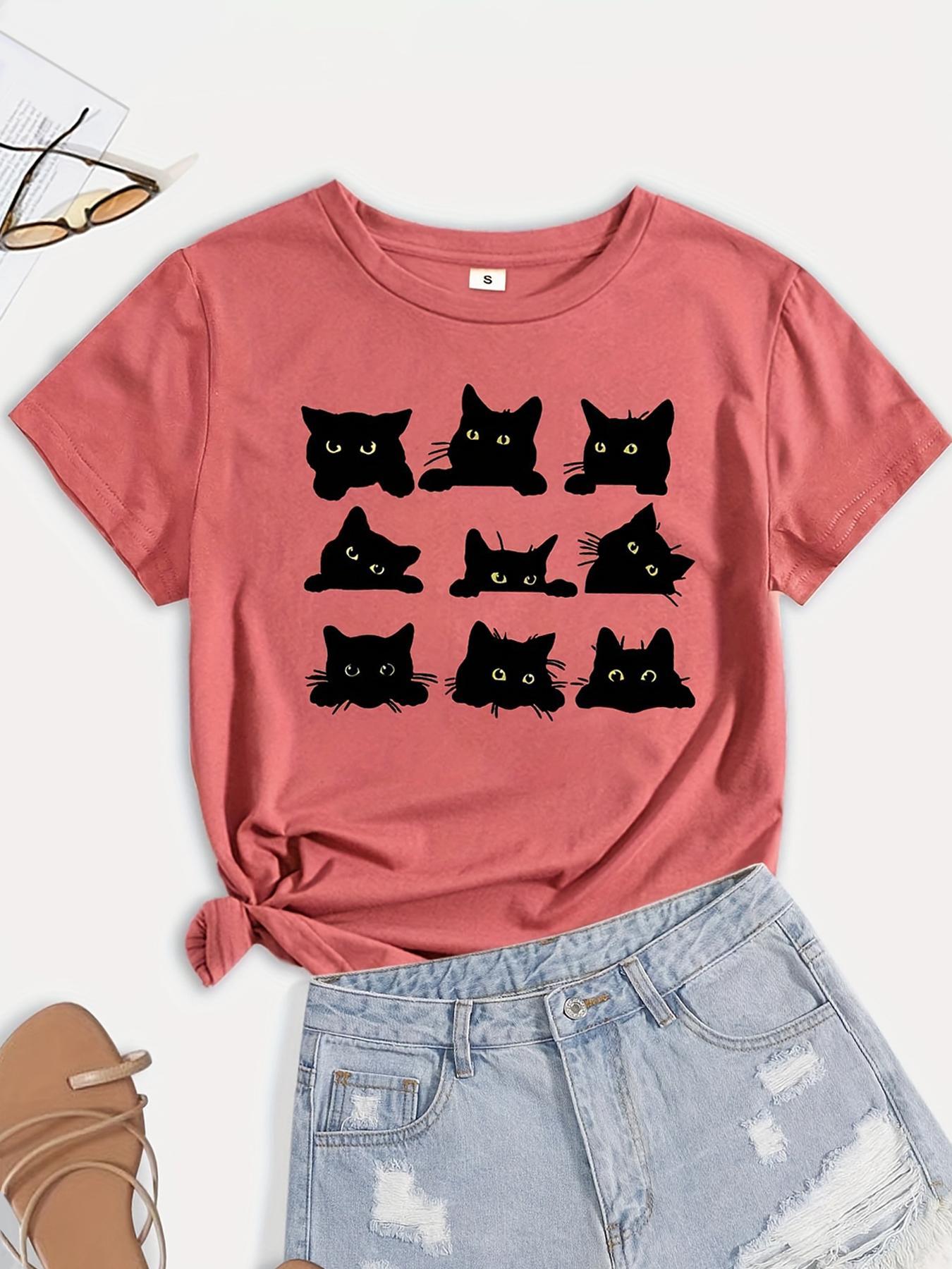 Women's Cartoon Cat Print Short Sleeve Jersey Tee, Casual Fashion Round Neck T-shirt, Summer Clothes Women, Women's Top for Daily Wear, Clothing