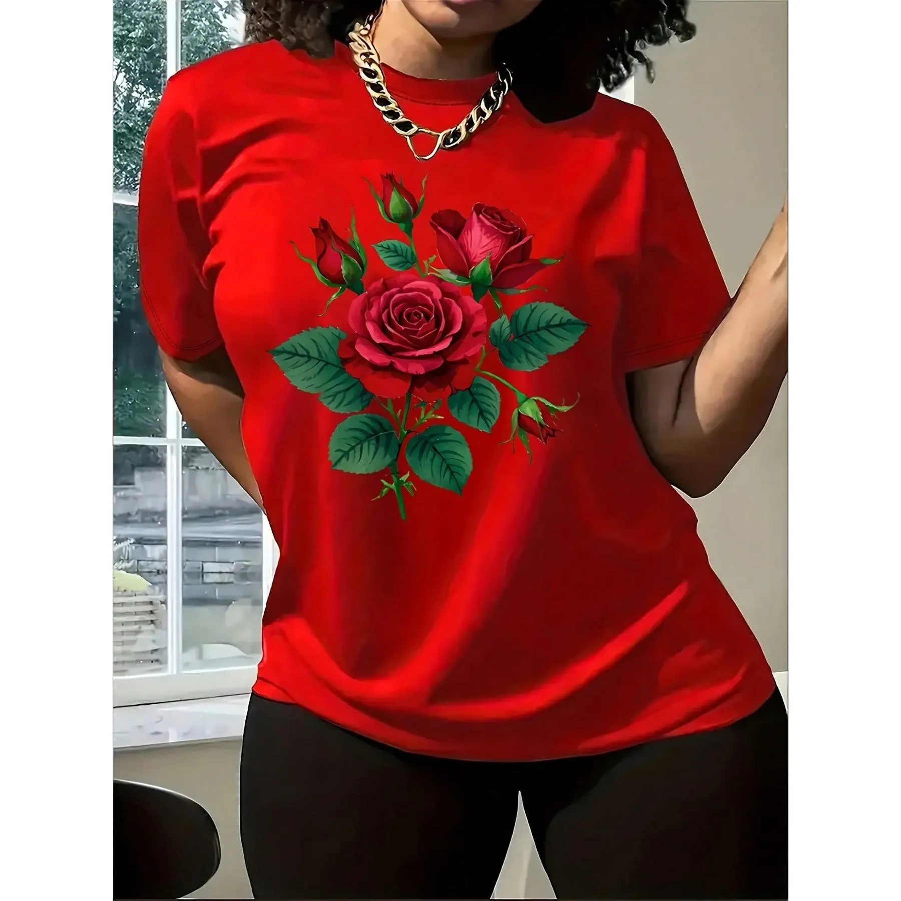 Women's Plus Size Red Rose Floral Print Short-Sleeve Crew Neck Cotton Sports Top - 100% Soft Loose Cut Breathable Day Outfit for Curvy Ladies, Vintage Realistic Graphic, Plus Size Clothes