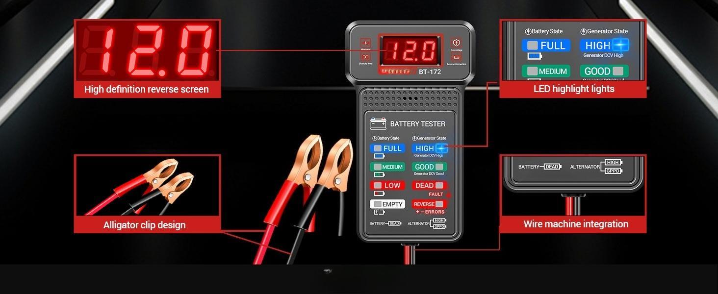 Car Battery Tester,12V Digital Automotive Batteries Tester,Alternator Charging Analyzer,Voltmeter with LCD Display and LED Indication, Voltage Indicator for Car Truck Motorcycle Electrical Tools