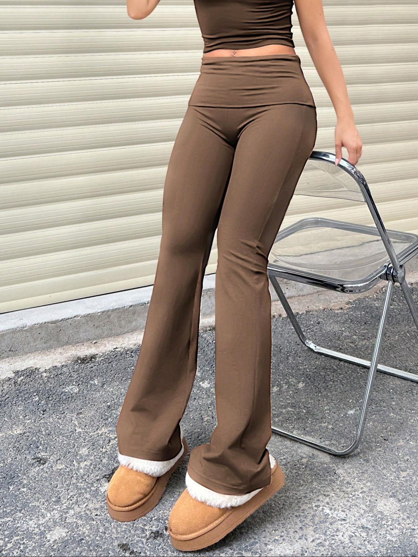 Women's Plain Ruched Flared Leggings, Casual Comfy High Stretch Bell Bottom Trousers for Daily Wear, Ladies Bottoms for All Seasons