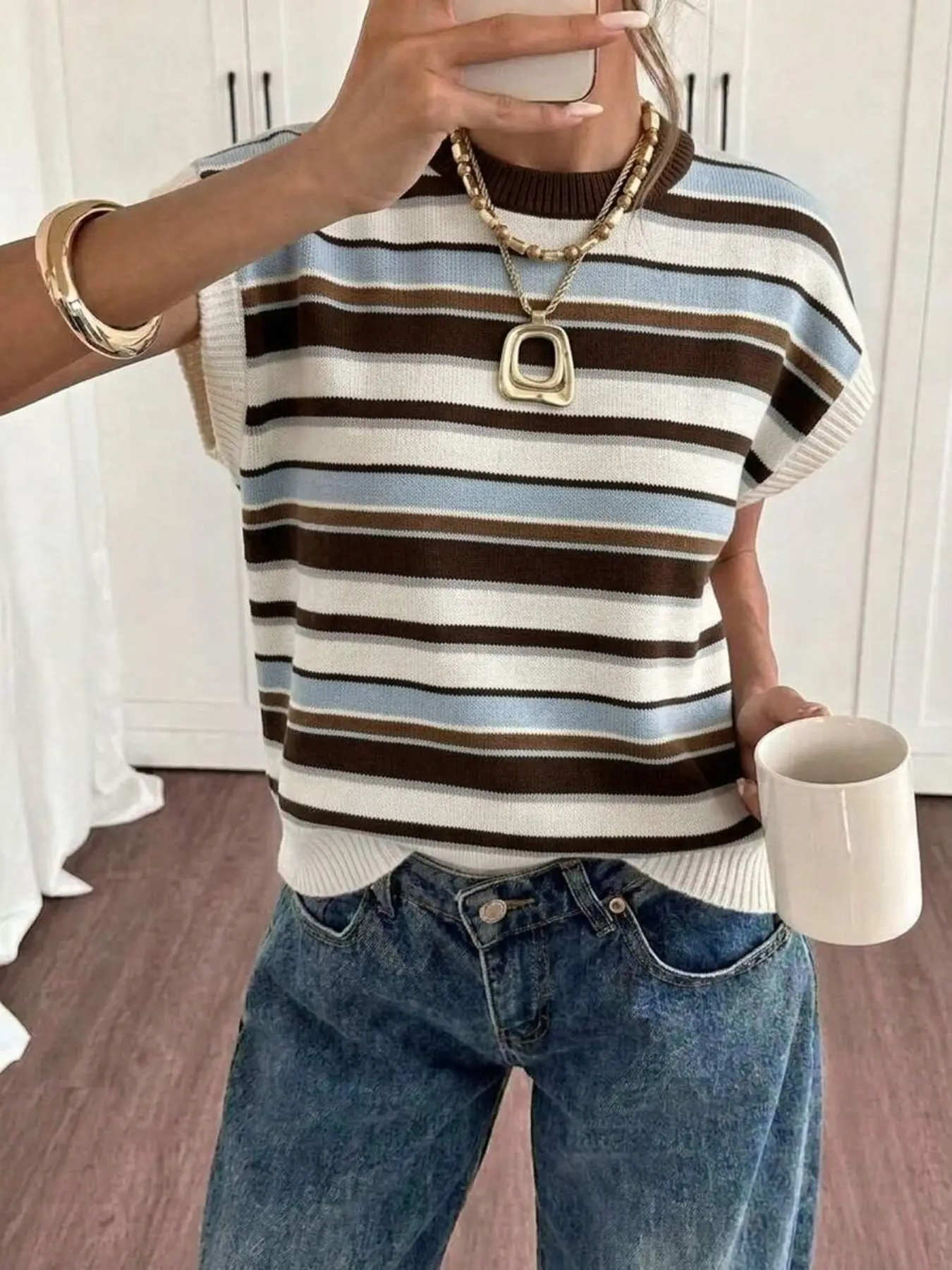 Women's Colorblock Round Neck Striped Loose Fit Casual Drop Shoulder T-Shirt, Vintage Short Sleeve Knit Top, Unique Design Fashionable Lightweight Elegant