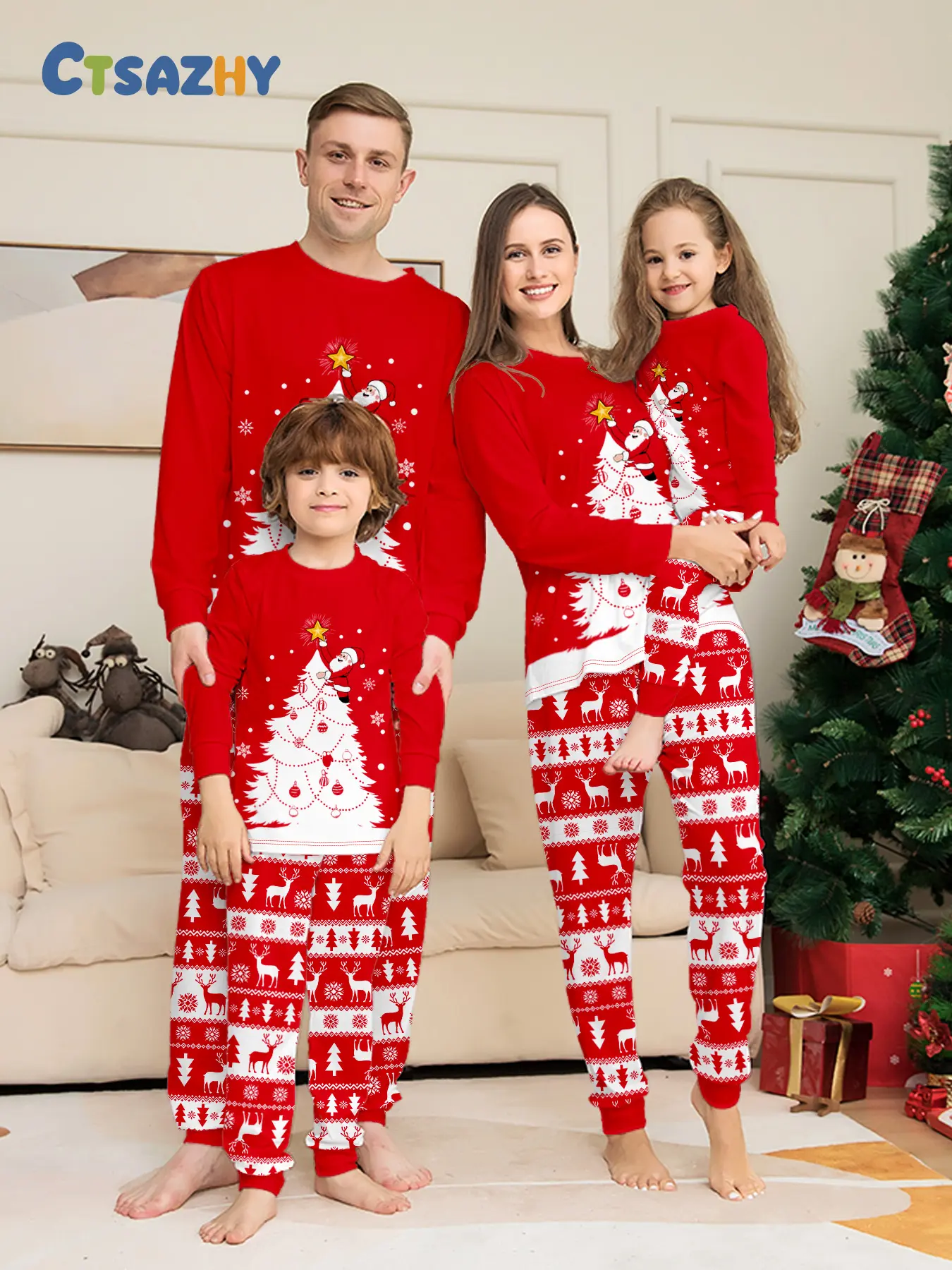Family Christmas Pajama Set, Adult & Kids, Santa Tree Print, Round Neck Long Sleeve Top + Deer Snowflake Pants, Soft Comfortable