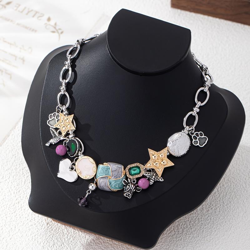 Trendy Bohemian Bull Head & Bee Pendant Necklace - Vintage Hand-Painted Enamel Star Charm, Stacked Chain Unique Craft Jewelry for Women's Casual Music Festival Outfits, Valentine's Day Holiday Gift Daily Accessory