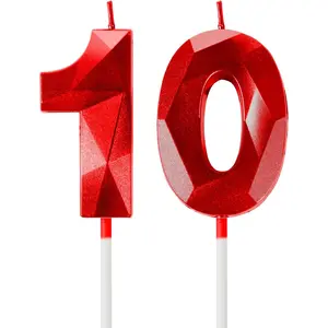 Number 10 Red Birthday Candles 3D Cake Topper for Boy Girl Women Men 10th Birthday Party Anniversary Celebration Cake Decorations Supplies