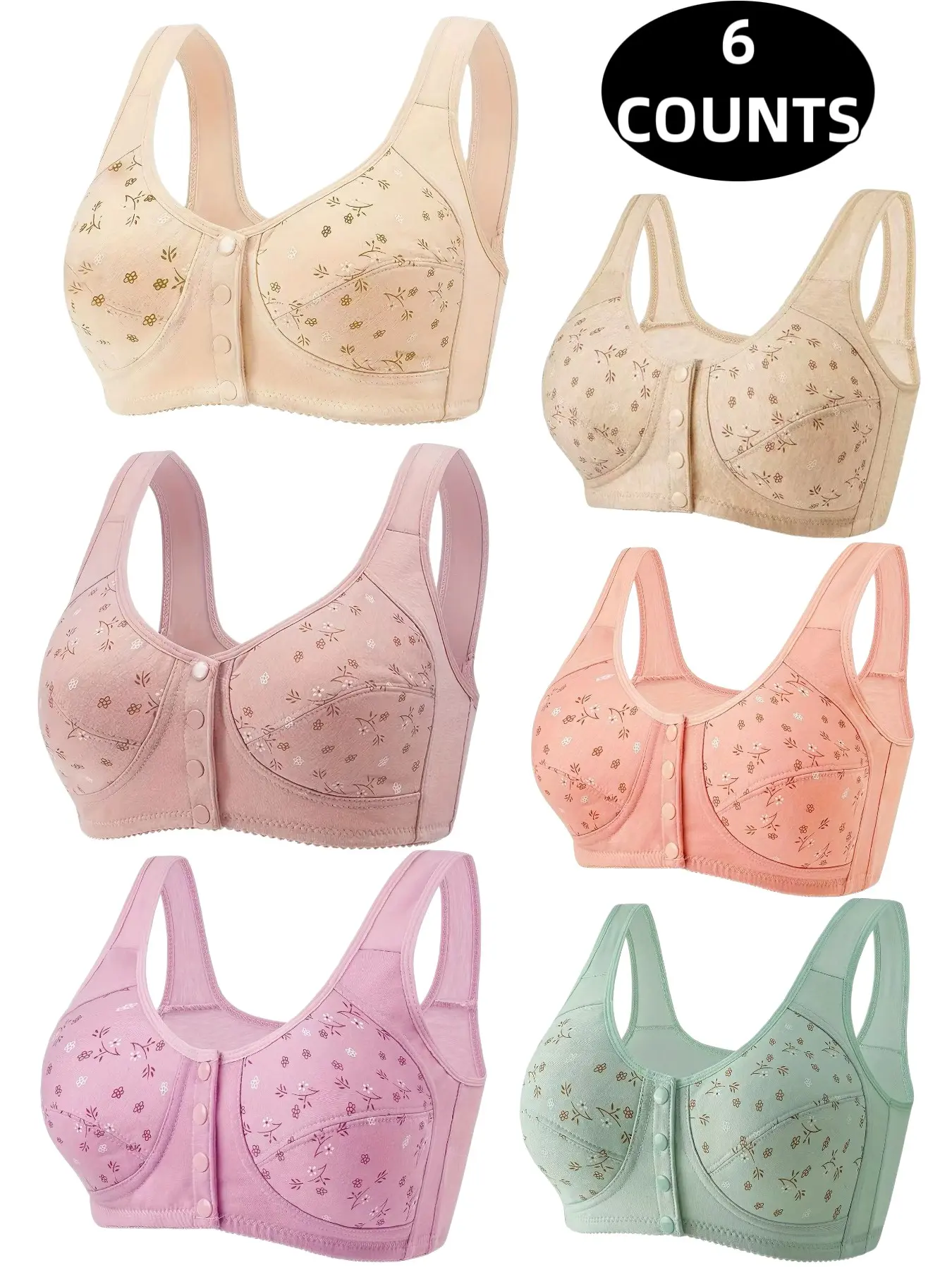 6-Pack Floral Wireless Bras, Comfortable & Breathable, Full Coverage Push-Up, Elderly-Friendly Front Buckle, All-Season Fitted Bra