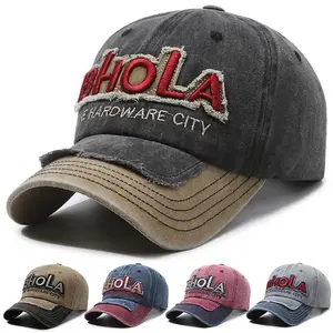Unisex Vintage Washed Distressed Baseball Cap BHOLA Patch Embroidery Frayed Brim Casual Outdoor Sun Visor Hat