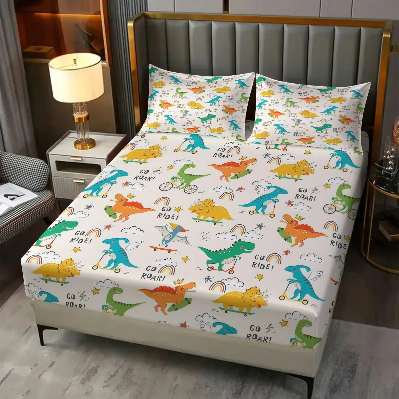 3-Piece Cartoon Dinosaur Pattern Bed Sheet Set, Including 1 Bed Sheet And 2 Pillowcases (Excluding Pillow Core), Comfortable Bedding, Non Slip Suitable For Bedrooms, Suitable For Children And Teenagers As Gifts And Decorations