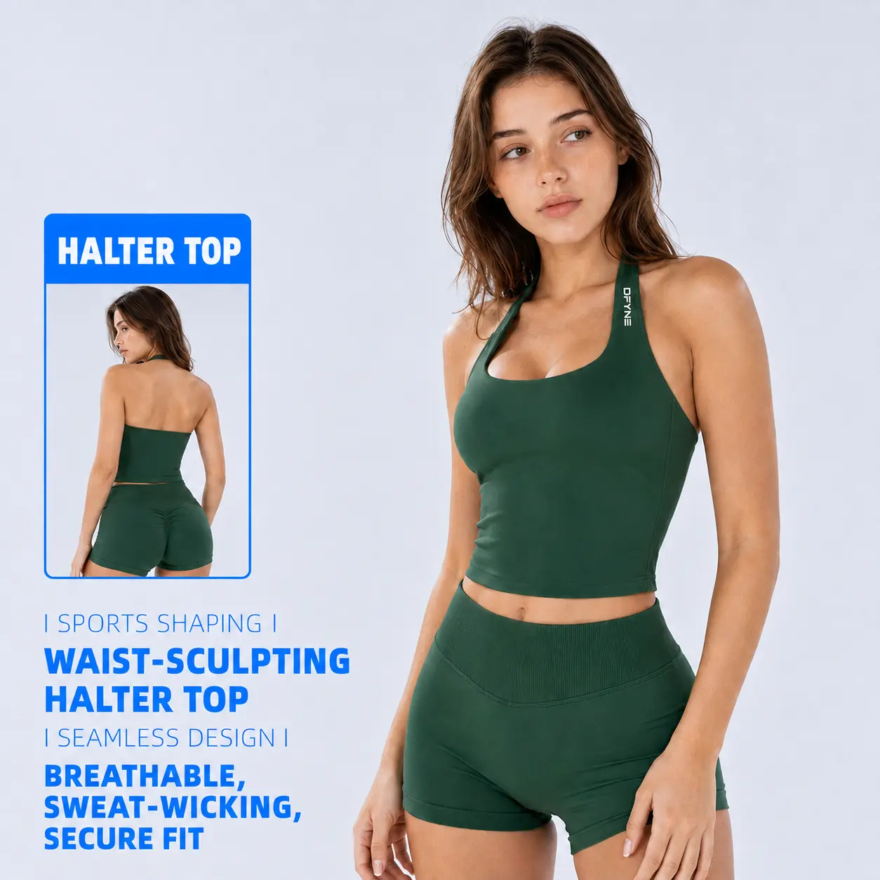 DFYNE Women Square Neck Halter 2-Piece Yoga Set, Seamless High Stretch Workout Matching Outfit for Outdoor Fitness Gym Training