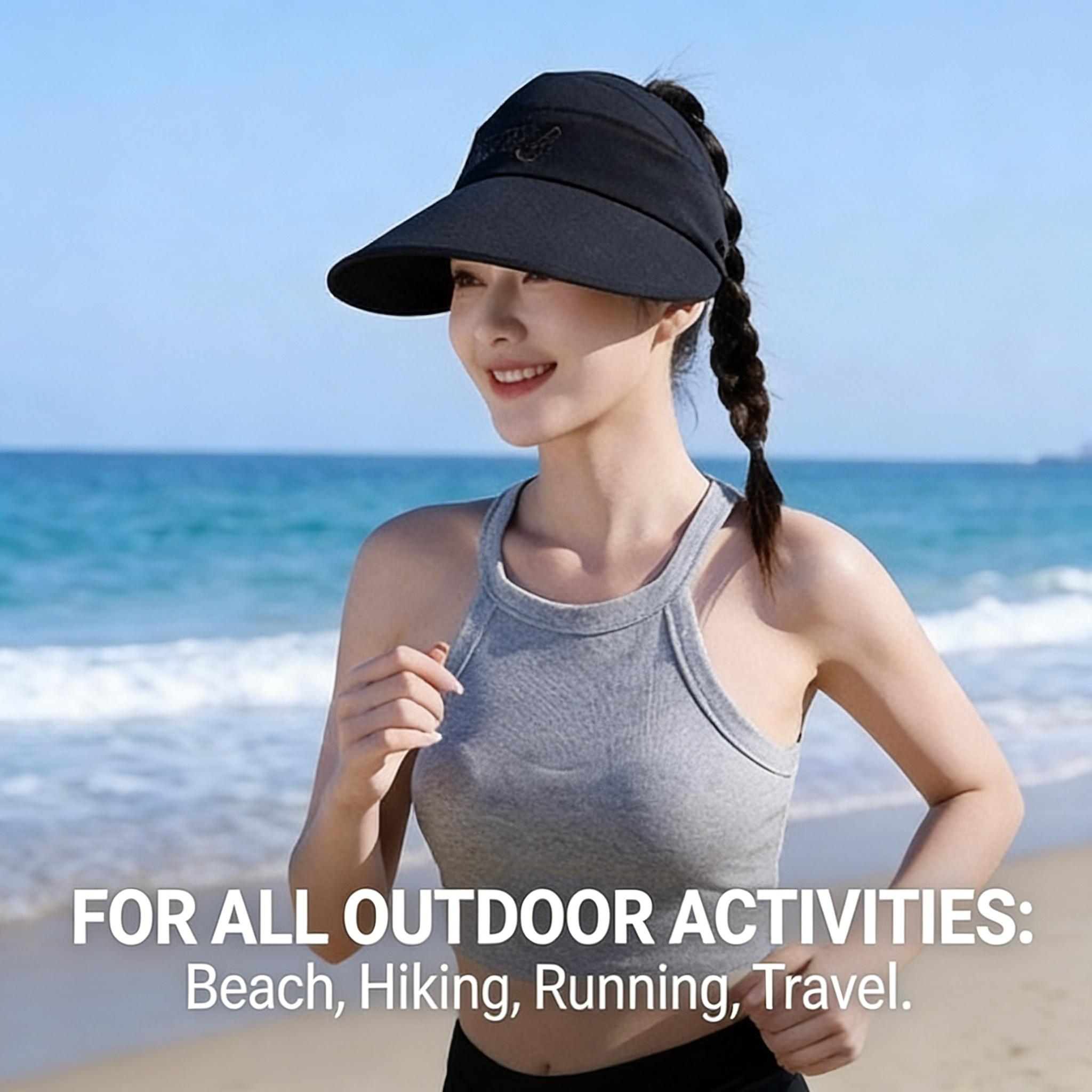 Wide-brim sun visor with UPF 50+ UV protection, open-top design for comfortable wearing. The adjustable head circumference fits most people, lightweight and breathable for outdoor daily use.
