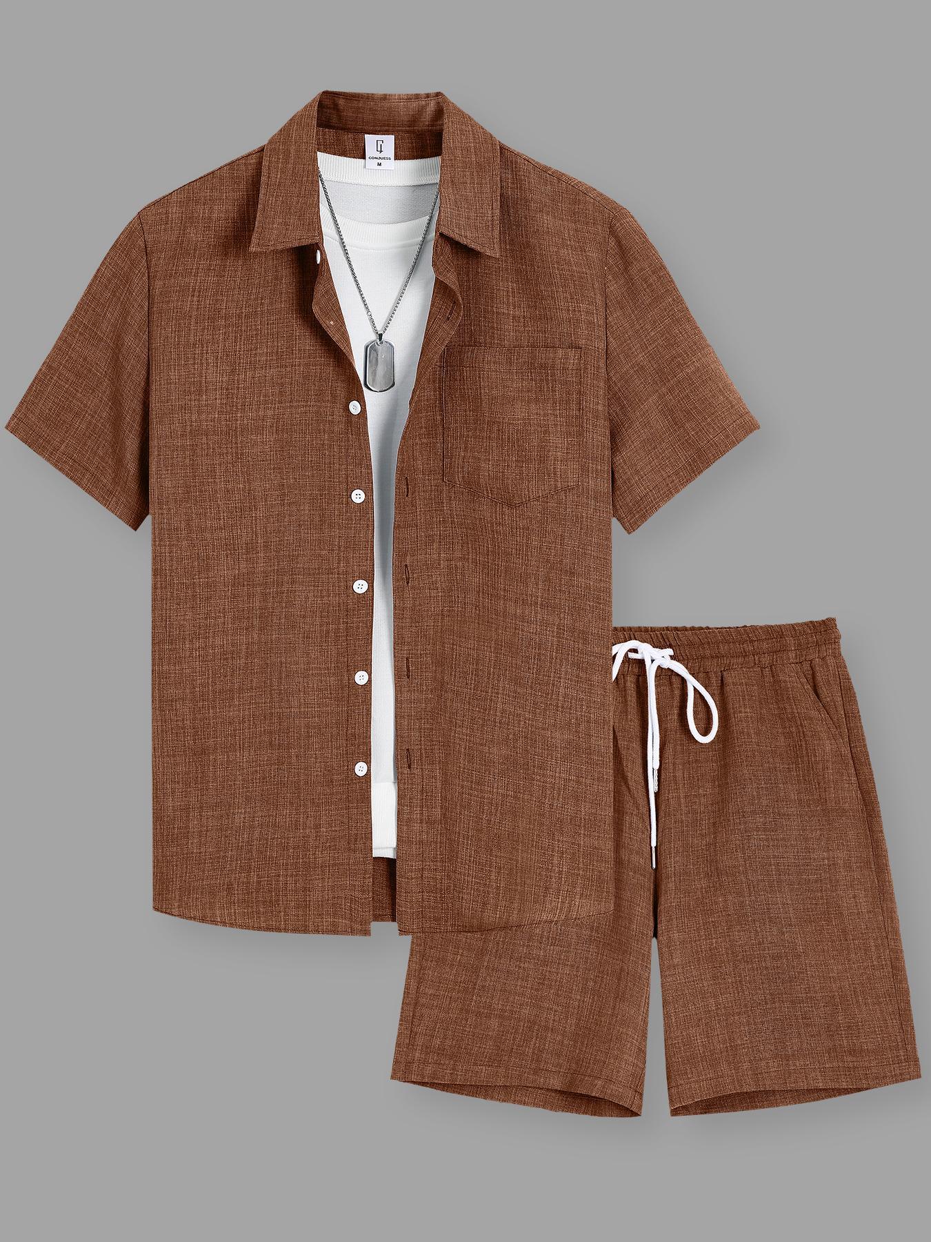 Men's Solid Short Sleeve Shirt & Shorts Loungewear Two-piece Set, Casual Comfy Top & Shorts PJ Set, Pajamas Set, Men's Sleepwear for Summer