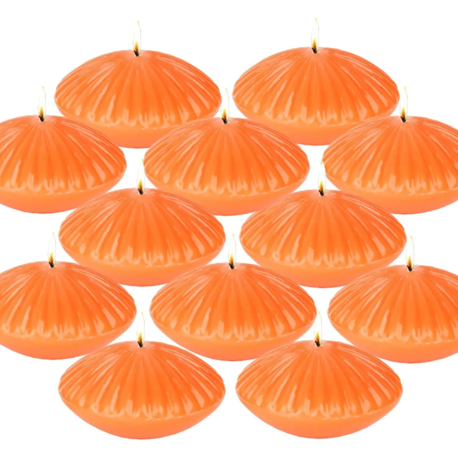 Set of 12 Large 3" 10 Hour Orange Unscented Floating Ribbed Tealight Candles for Cylinder Vases Centerpieces Wedding Party Pool Holidays