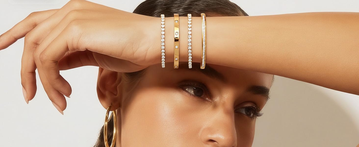 CASSIECA Gold Bracelet for Women 14K Gold Plated Stacking Bangle Tennis Bracelet Set Stainless Steel Adjustable Cubic Zirconia Tennis Bracelets Dainty Bangle Waterproof Jewellery Gifts for Women