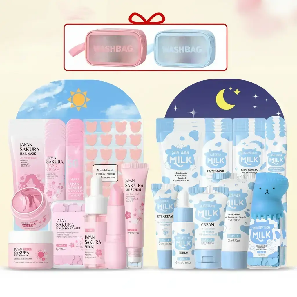 Sakura Milk Day & Night Moisturizing Skincare Set, Including Cleanser, Toner, Patches, Lip Balm, Face Cream, Sunscreen, Exfoliator, Eye Cream and Mask, Rejuvenating Skin Care Spa Gift Set #GLOBAL PICKS