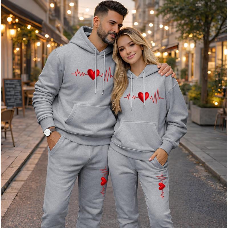 Couple's Heartbeat Print Hooded Sweatshirt and Drawstring Sweatpants Set, Casual Sportswear, Long-Sleeve Hooded Jacket and Pants, Suitable for Autumn, Winter, and Spring, Everyday Wear, Tracksuit, Casual Athletic Wear Couple's Heartbeat Print Hooded Sweatshirt and Drawstring Sweatpants Set, Casual Sportswear, Long-Sleeve Hooded Jacket and Pants, Suitable for Autumn, Winter, and Spring, Everyday Wear, Tracksuit, Casual Athletic Wear
