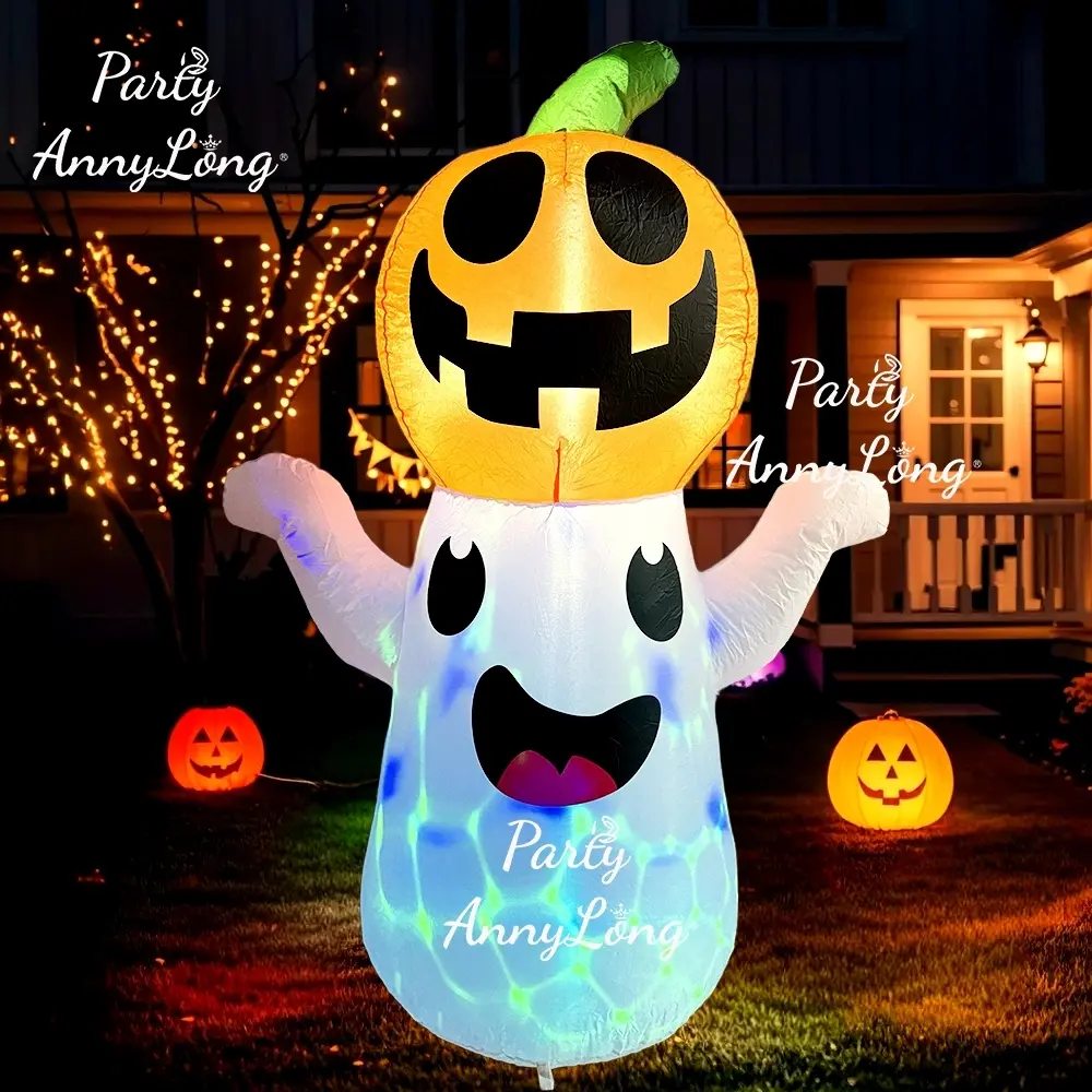 Halloween Decoration Inflatable Pumpkin Ghost with 360° Rotating Magic Color LED Lights, Cute Indoor Outdoor Home Decor