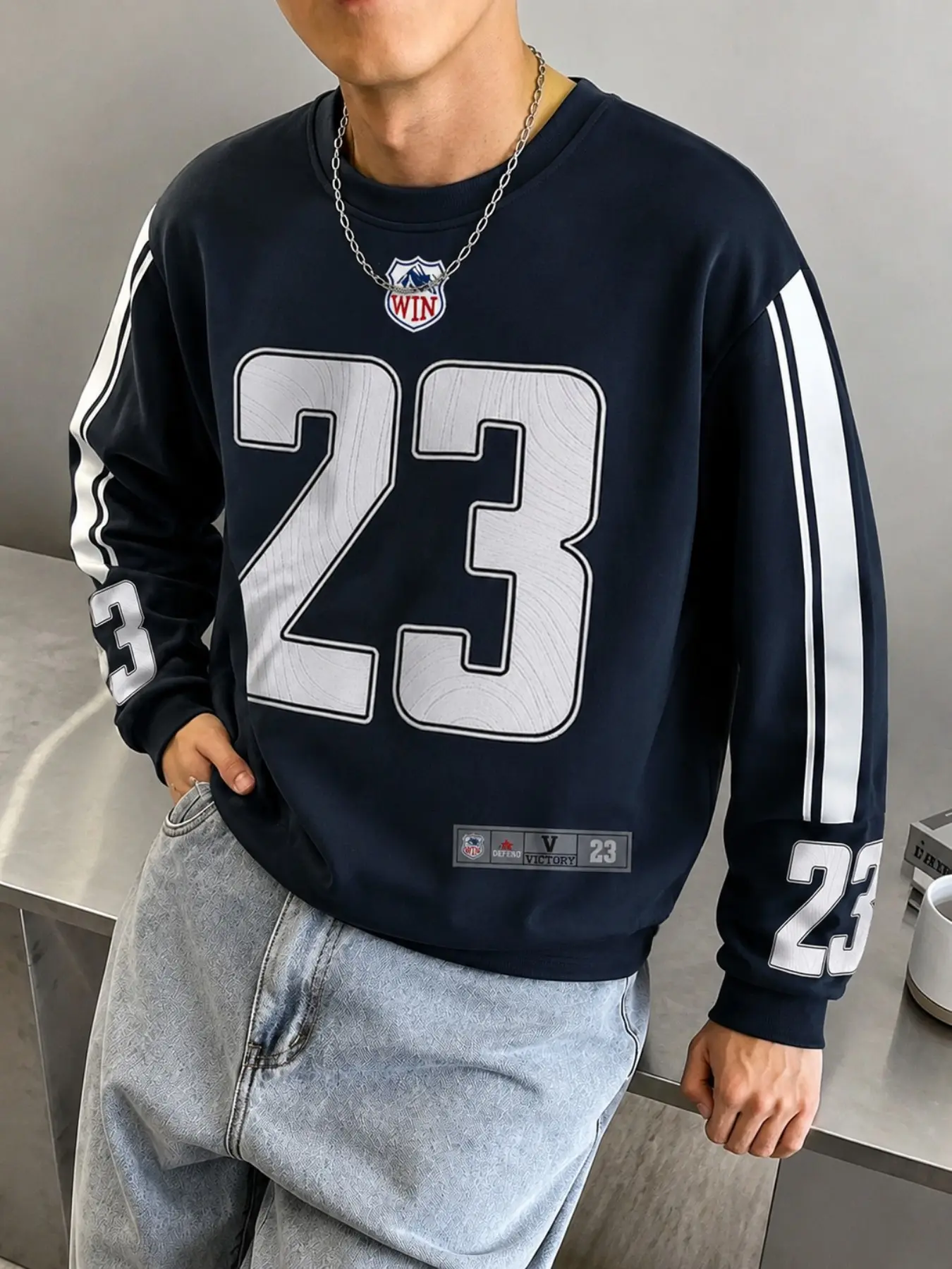 Vintage Navy Blue Oversized Sweatshirt Men Women | American Retro Number 23 Graphic Crewneck Pullover | Blockecore Streetwear Loose Fit Long Sleeve Jumper for Casual Daily School Outfit
