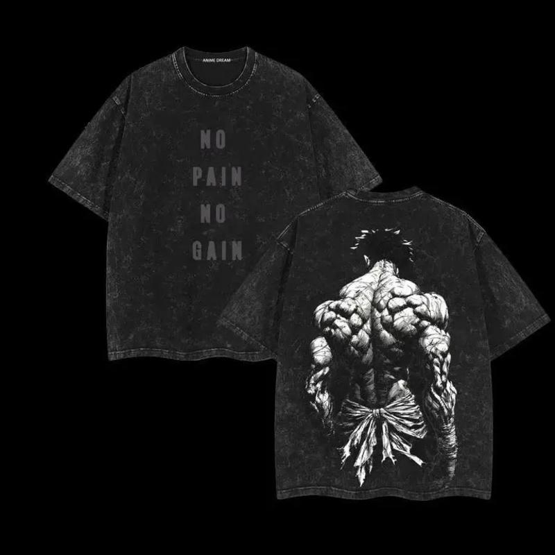 Baki Graphic Tee – Pump Cover Gym Shirt, Double-Printed Vintage Washed Oversized Anime Top, Heavyweight Cotton Unisex Streetwear Menswear for Workout, Training, Casual, and Fitness Fans