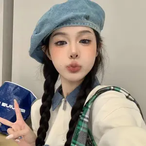 Women Vintage Washed Denim Beret Cap Oversize Thin Octagonal Hat Flattering Face Small Japanese Painter Beret Headwear Fits Large Head